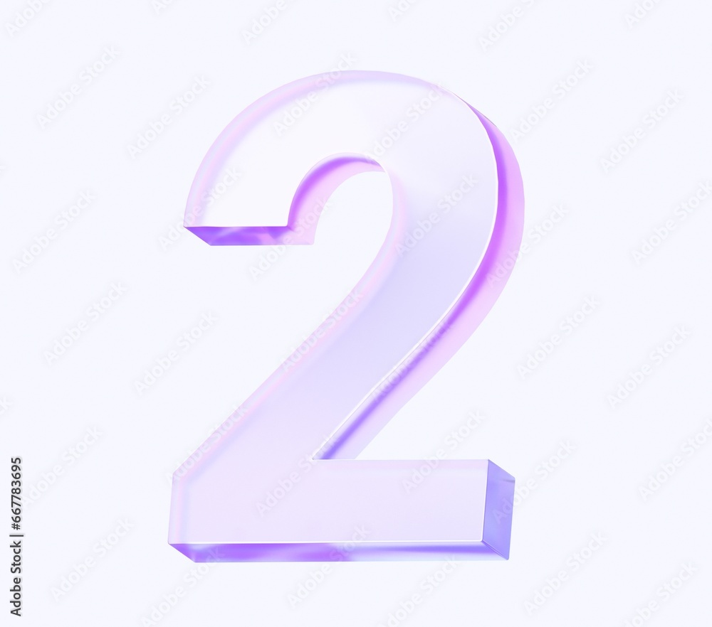 Aufkleber number two with colorful gradient and glass material. 3d rendering illustration for graphic design, 