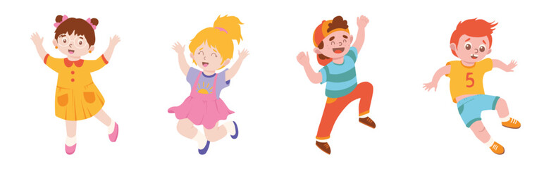 Happy Kids Jumping with Hands Raising Up Cheering and Rejoicing Vector Set