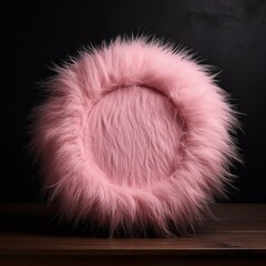 Pink Fur Minimalistic Round Picture Frame. Minimalistic Ring with Realistic Texture. Square Digital Illustration. Ai Generated Empty Circle on Black Background.