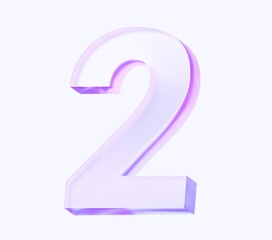 number two with colorful gradient and glass material. 3d rendering illustration for graphic design, presentation or background