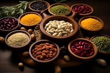 Assorted beans and seeds displayed on a charming wooden tabletop