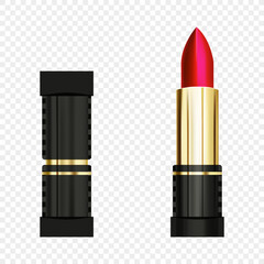 Obraz premium Red realistic vector lipstick with gold elements