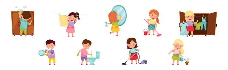 Funny Children Doing Cleanup and Domestic Chores Vector Set
