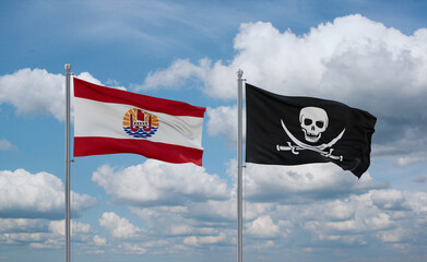 Pirate and French Polynesia flags, country relationship concept