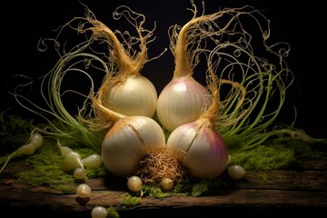 Heart-shaped onions in a wholesome and fantastical depiction. Generative AI