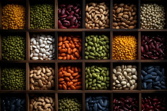 Assorted beans seen from above, neatly arranged in small wooden boxes