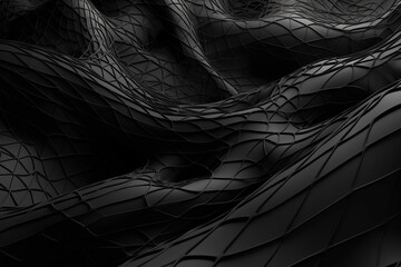 Abstract 3D rendering of a distorted black mesh on a gray background. Generative AI - obrazy, fototapety, plakaty
