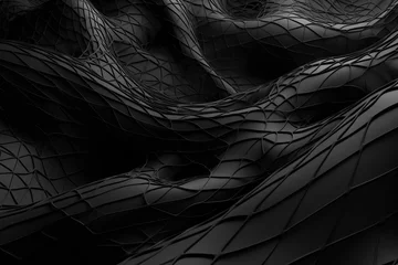 Foto op Plexiglas Abstract 3D rendering of a distorted black mesh on a gray background. Generative AI © Aida