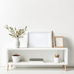 Horizontal picture frame mockup on empty white shelf, Generative AI