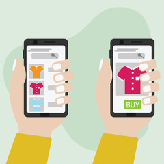 Online shopping and payment concept. Buy Clothing, shoes and other accessory through smart phone. Doing payment digitally by credit card and UPI. flat vector illustration.