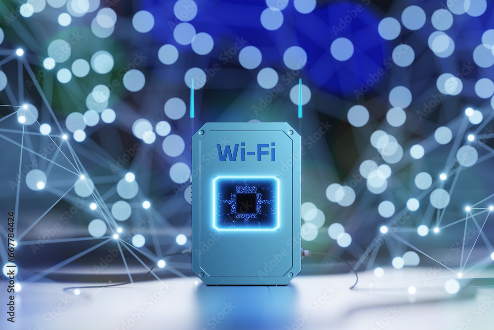 Poster a new wireless standard. futuristic wi-fi router. wireless internet. internet access via wi-fi. swit