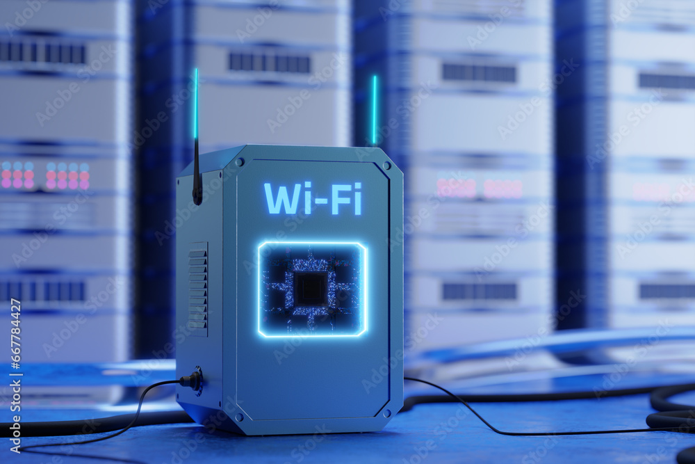 Poster switcher. wi-fi wireless network concept. a new wireless standard. futuristic wi-fi router. wireless