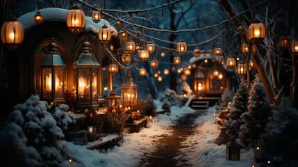 Fototapeta na wymiar Beautiful wooden gazebos with warm light and around there are many old lanterns hanging on snow-covered trees in the winter forest. Christmas atmosphere, festive and cozy mood, New Year's card