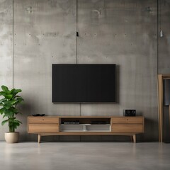 Tv on cabinet the in modern living room the concrete wall, Generative AI
