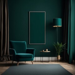 Poster mockup with vertical frames on empty dark green wall in living room interior with blue velvet armchair, Generative AI