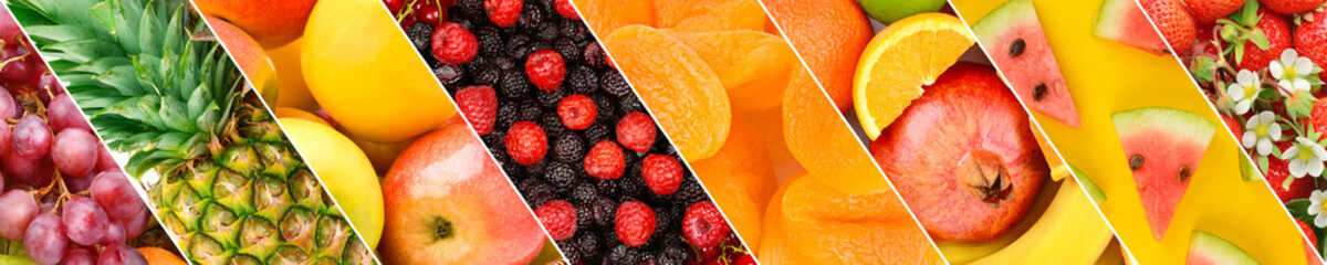 Collage of a set of fruits . Wide photo.