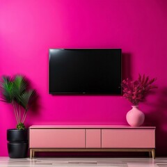 TV on the cabinet in modern living room on white viva magenta wall background, Generative AI