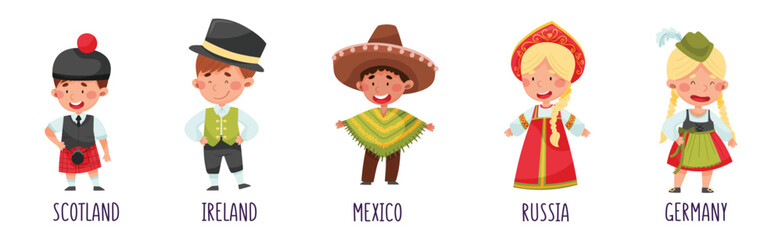 Kids Wearing National Costumes Of Different Countries Vector Set