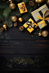 golden christmas gift boxes on dark brown wooden ground with golden christmas decoration and fir tree branches with space for text, christmas background