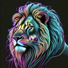 Portrait of a  Lion  in neon colour in front of a black background.