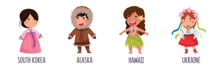 Kids Wearing National Costumes Of Different Countries Vector Set