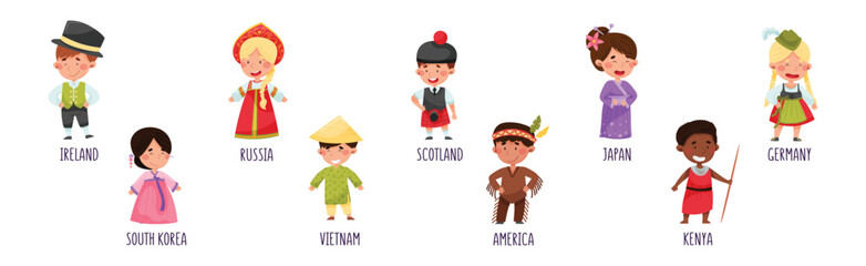 Kids Wearing National Costumes Of Different Countries Vector Set
