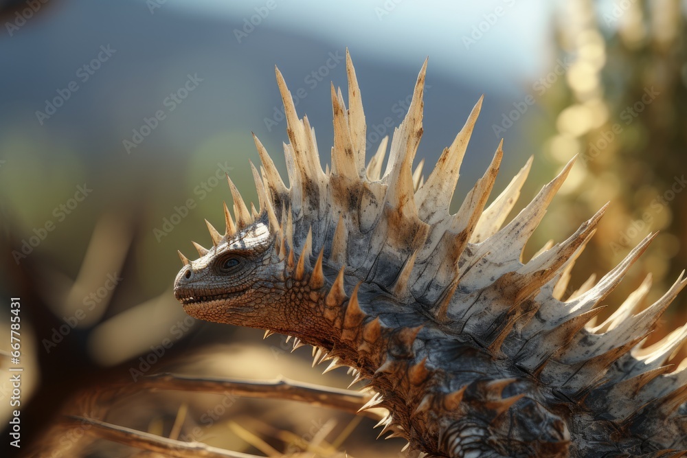 Poster a close up of a lizard with spikes on it's head. generative ai