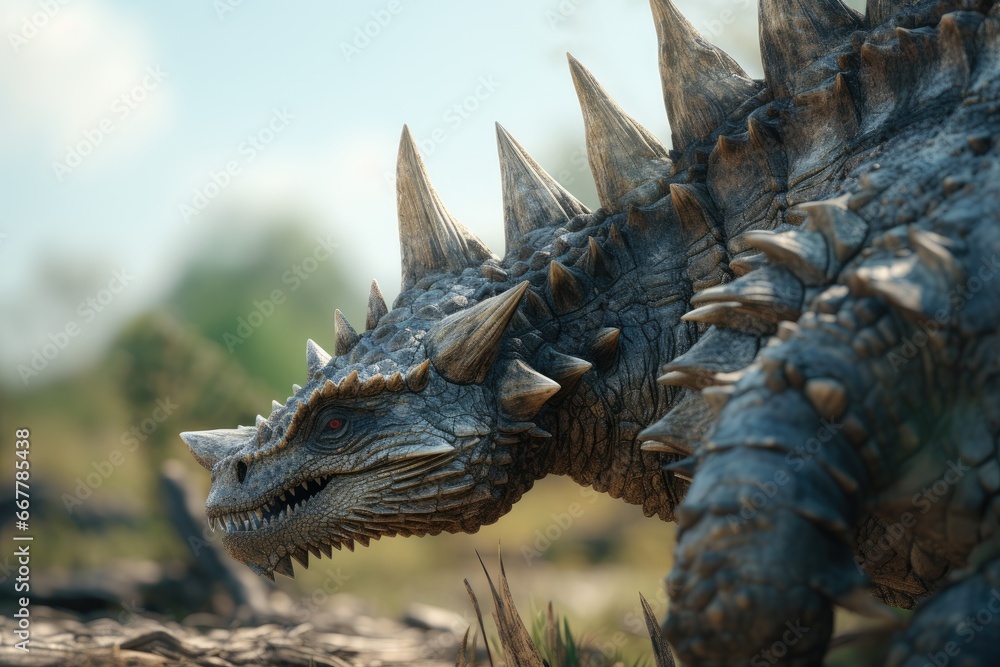 Poster a close up of a dragon statue in a field of grass. generative ai
