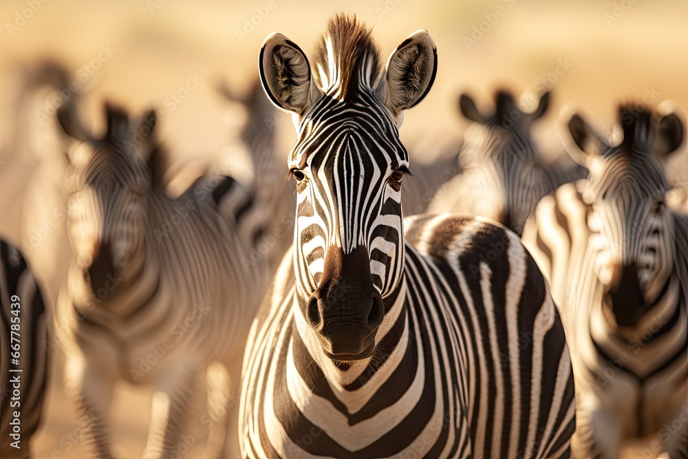 Poster a herd of zebra standing next to each other on a field. generative ai