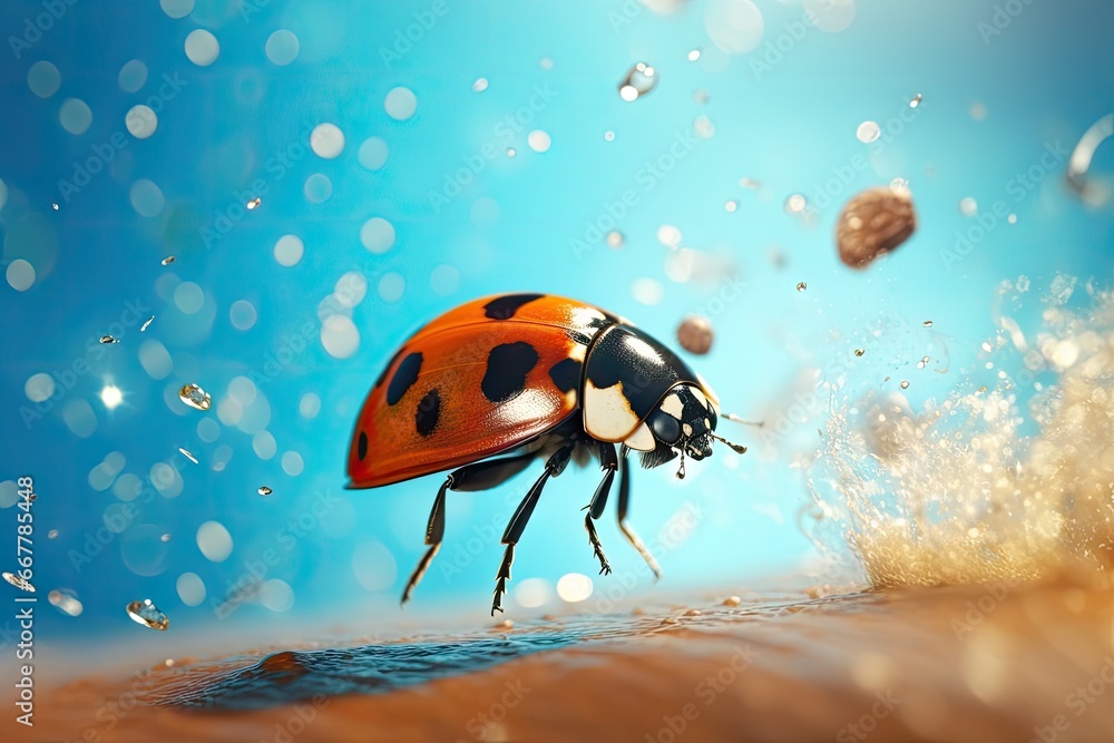 Poster a close up of a lady bug on a surface of water. generative ai