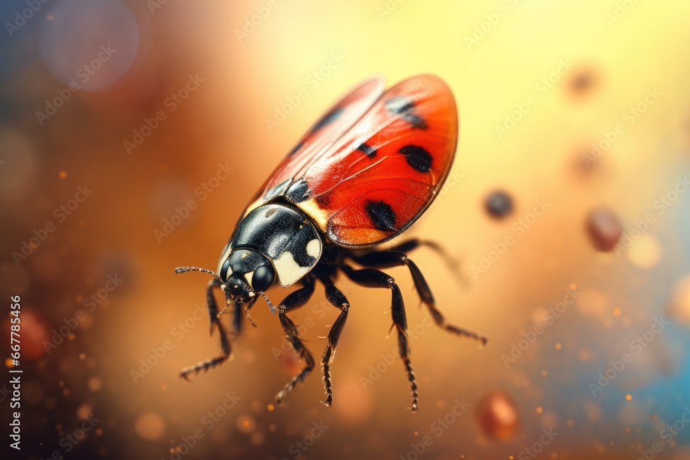 Poster a close up of a red and black bug on a blurry background. generative ai