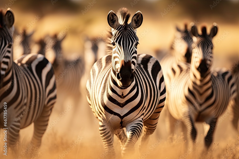 Poster a herd of zebras running through a field of tall grass. generative ai