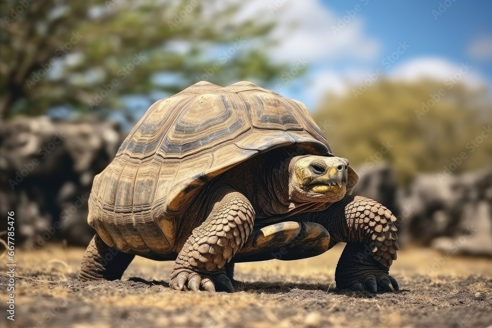 Poster a large tortoise walking across a dirt field next to a forest. generative ai