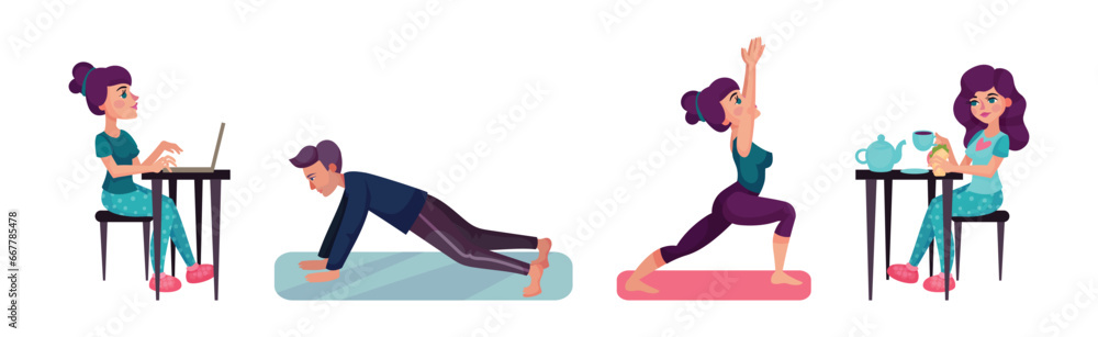 Poster man and woman character daily routine vector set