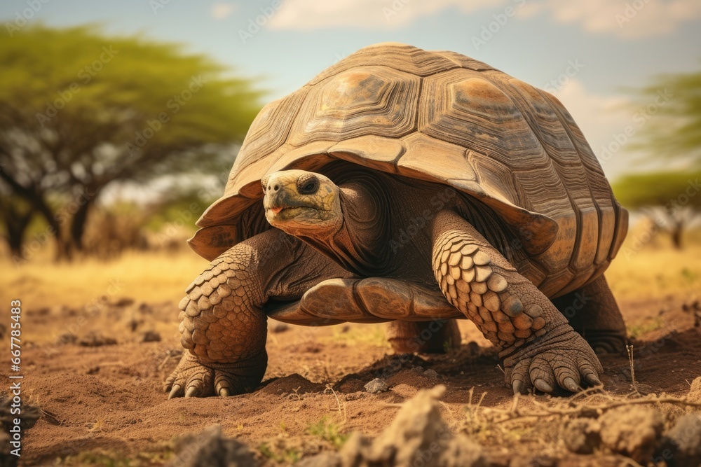 Poster a large tortoise walking across a dirt field with trees in the background. generative ai