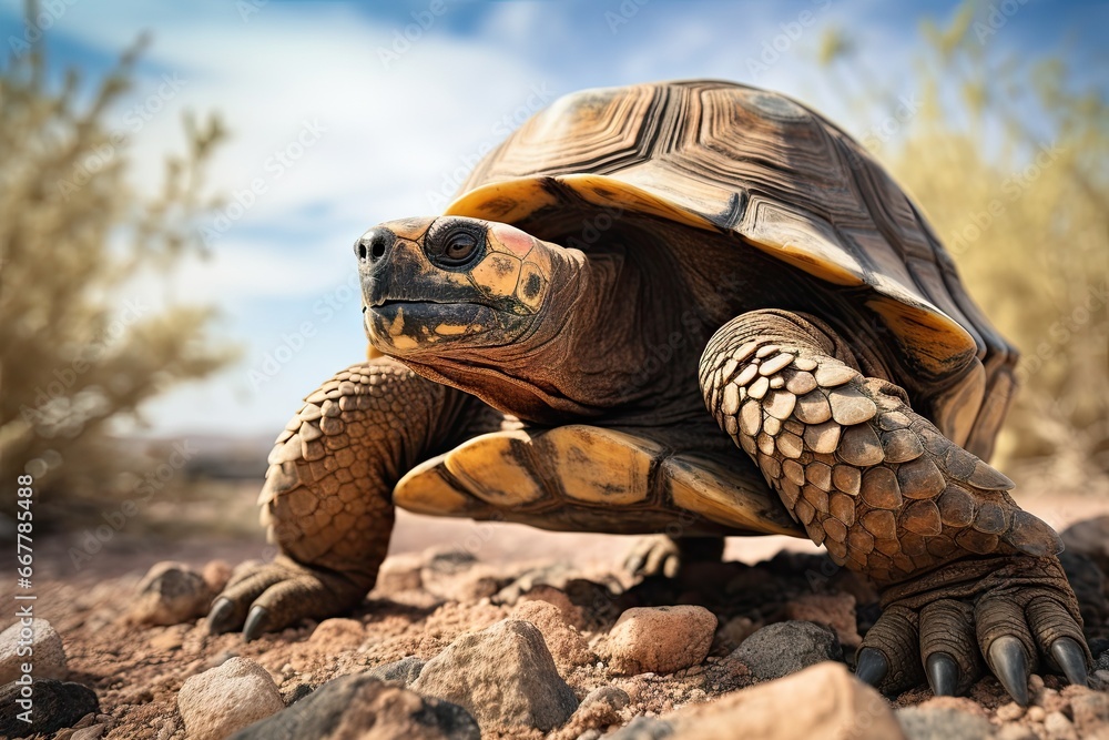 Poster a large turtle walking across a dirt field next to rocks. generative ai