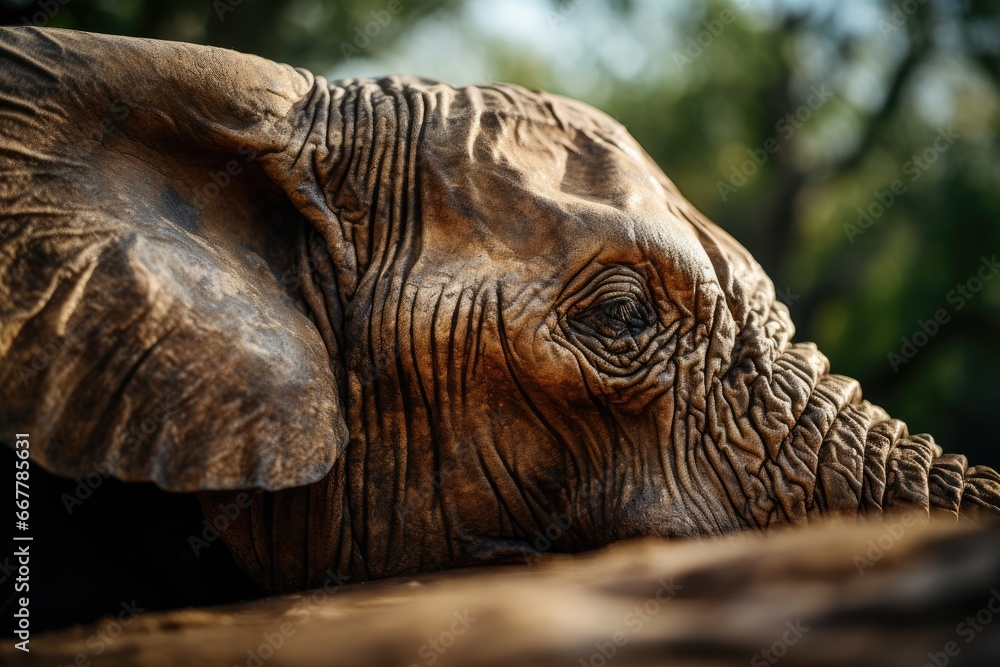 Poster a close up of an elephant with trees in the background. generative ai
