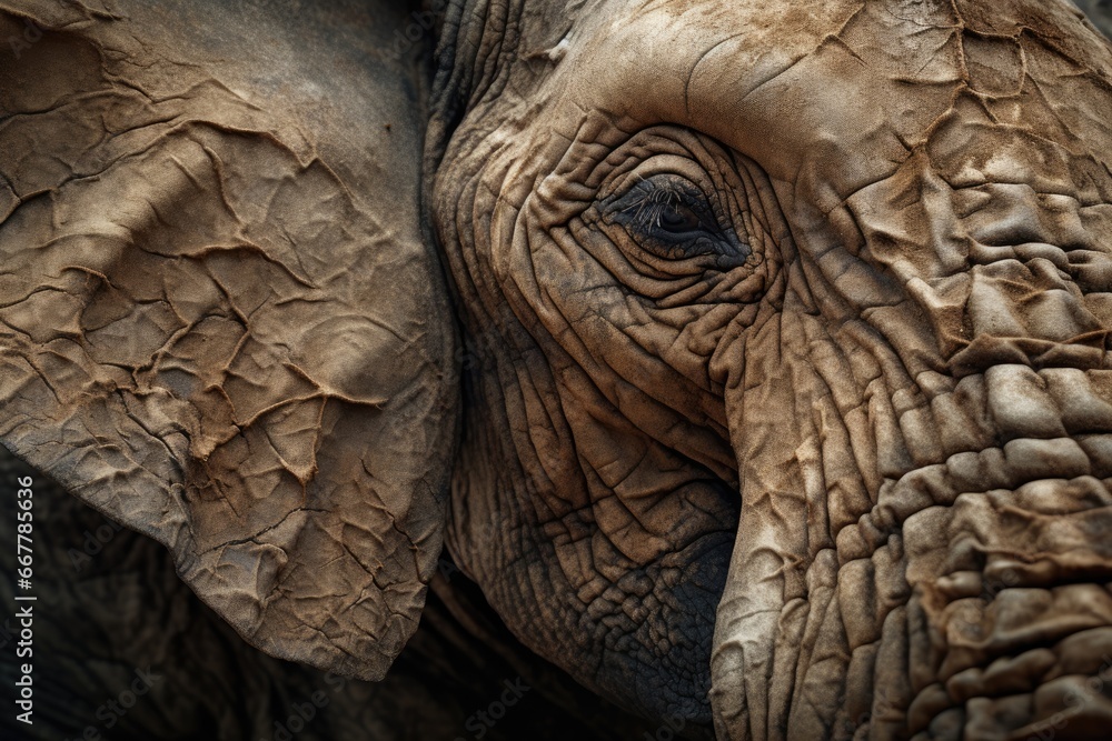 Poster a close up of an elephant's face with wrinkles. generative ai