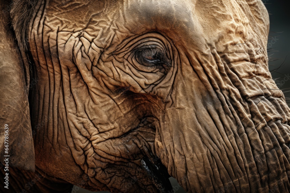 Poster a close up of an elephant's face with wrinkles. generative ai