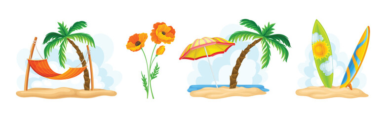 Fototapeta na wymiar California Travel and Tourism with Summer Beach Objects Vector Set