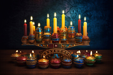 Celebration of Hanukkah. Jewish holiday. Festival of lights..Lighting candles on Hanukkah.