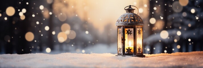 Christmas lantern glowing at night, blur snowy forest landscape, banner, copy space, Xmas card template