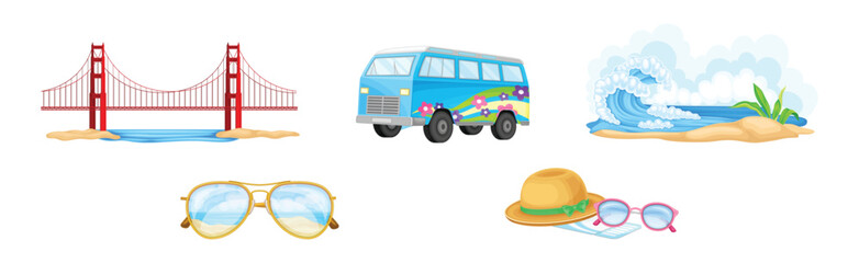 California Travel and Tourism with Summer Beach Objects Vector Set