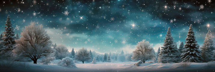 Christmas card, winter snow landscape, snowflakes falling from sky, wide panorama	 - obrazy, fototapety, plakaty