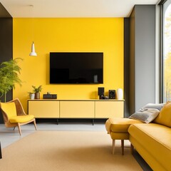 TV on cabinet in modern living room on yellow illuminating wall, Generative AI
