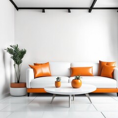 White wall interior living room have orange leather sofa and decoration minimal, Generative AI