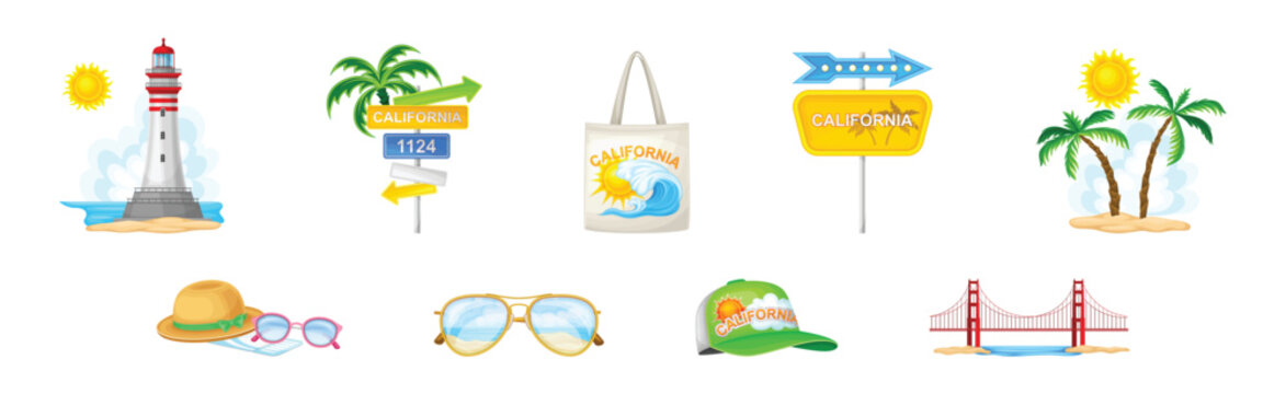 California Travel and Tourism with Summer Beach Objects Vector Set