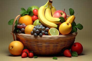 Fruits in a basket, set against a gentle, pale colored background
