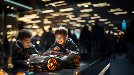 Two little boys, brothers, playing with  robotic car in science museum. Children's entertainment and new technologies.