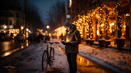 Man look at tablet with a bicycle on the street at night in winter city illuminated street. - obrazy, fototapety, plakaty